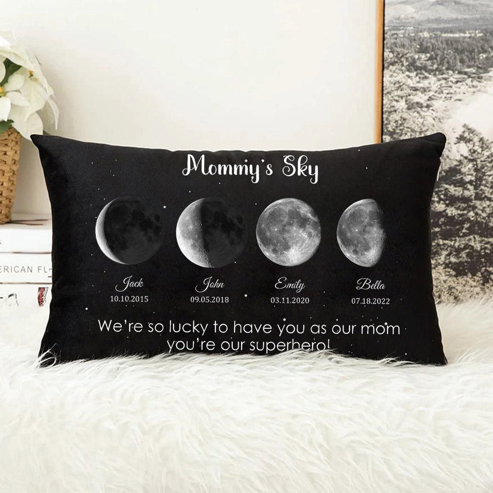 Personalized Mommy's Sky Moon Phase by Date Throw Pillow Cover with Kids Names Mother's Day Gift for Mom