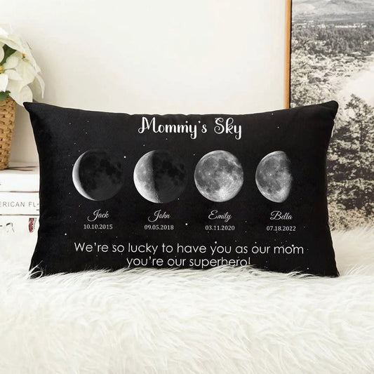 Personalized Mommy's Sky Moon Phase by Date Throw Pillow Cover with Kids Names Mother's Day Gift for Mom