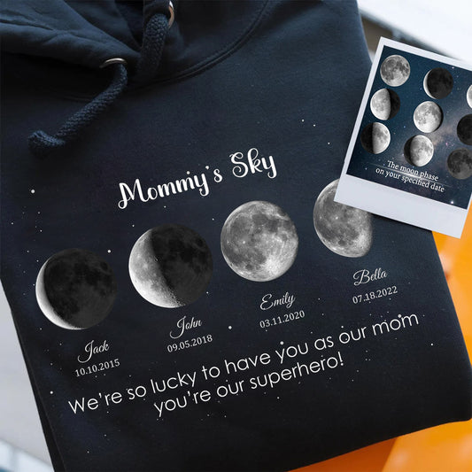 Personalized Mommy's Sky Moon Phase by Date Family Hoodie with Kids Names Mother's Day Gift