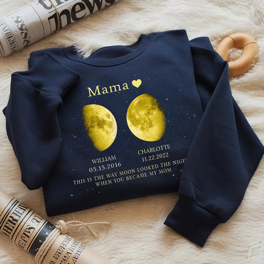 Personalized Mama Moon Phase by Date Family Sweatshirt with Kids Names Mother's Day Gift