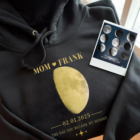 Personalized The Day You Became My Mommy Moon Phase by Date Family Hoodie with Kids Names Mother's Day Gift