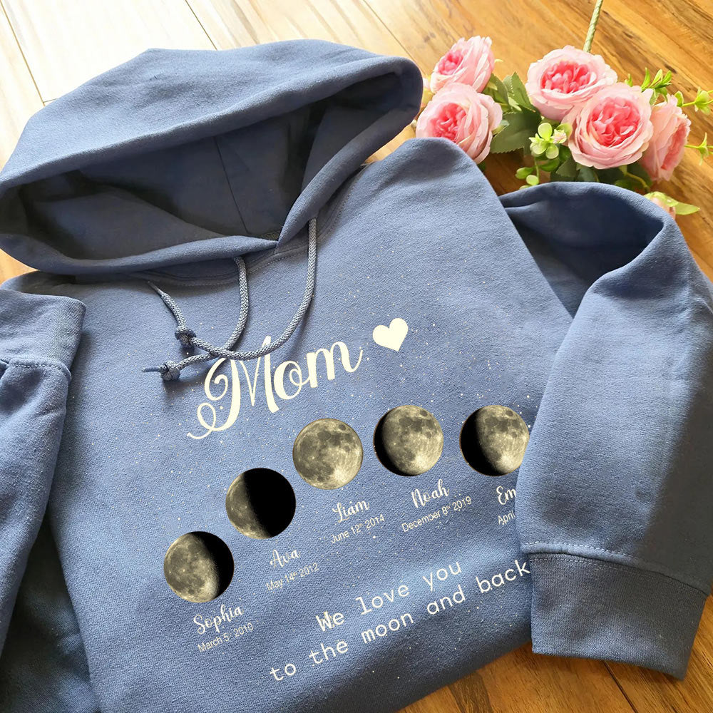 Personalized Mom Moon Phase by Date Family Hoodie with Kids Names Mother's Day Gift