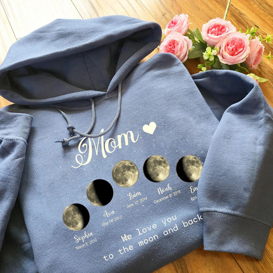 Personalized Mom Moon Phase by Date Family Hoodie with Kids Names Mother's Day Gift