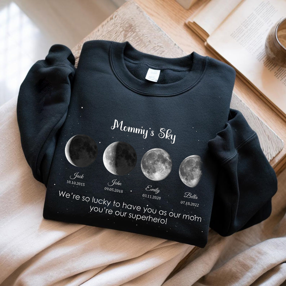 Personalized Mommy's Sky Moon Phase by Date Family Sweatshirt with Kids Names Mother's Day Gift