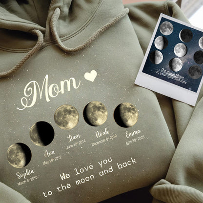 Personalized Mom Moon Phase by Date Family Hoodie with Kids Names Mother's Day Gift