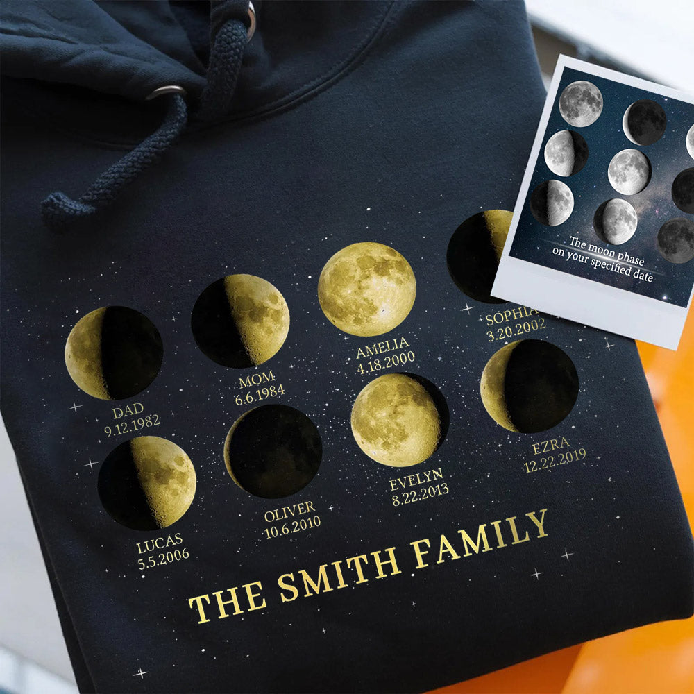 Personalized Mom Moon Phase by Date Family Hoodie with Kids Names Mother's Day Gift