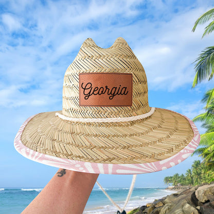 Personalized Kids Straw Hat with Name and Symbols Leather Patch Sun Hats for Baby Toddler Women Men