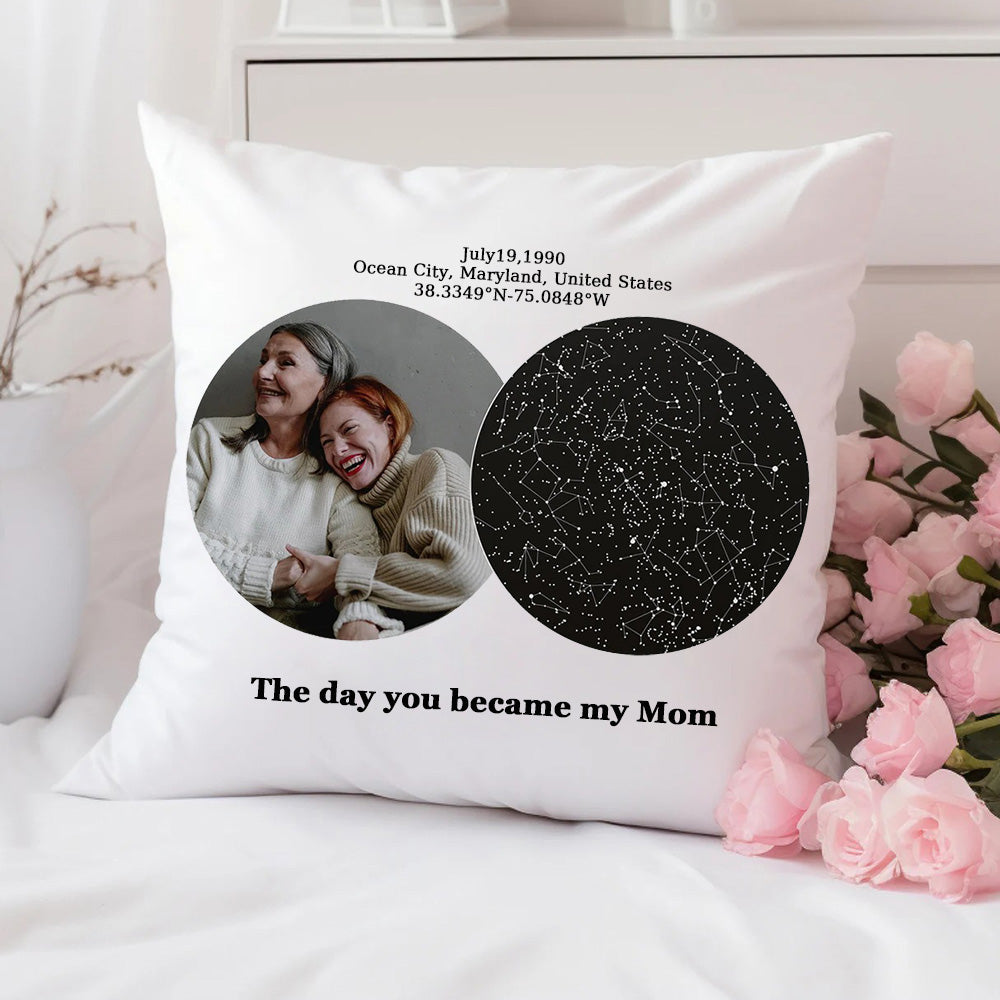 Personalized The Day You Became My Mom Star Map Throw Pillow Cover by Date and Location Mother's Day Gift