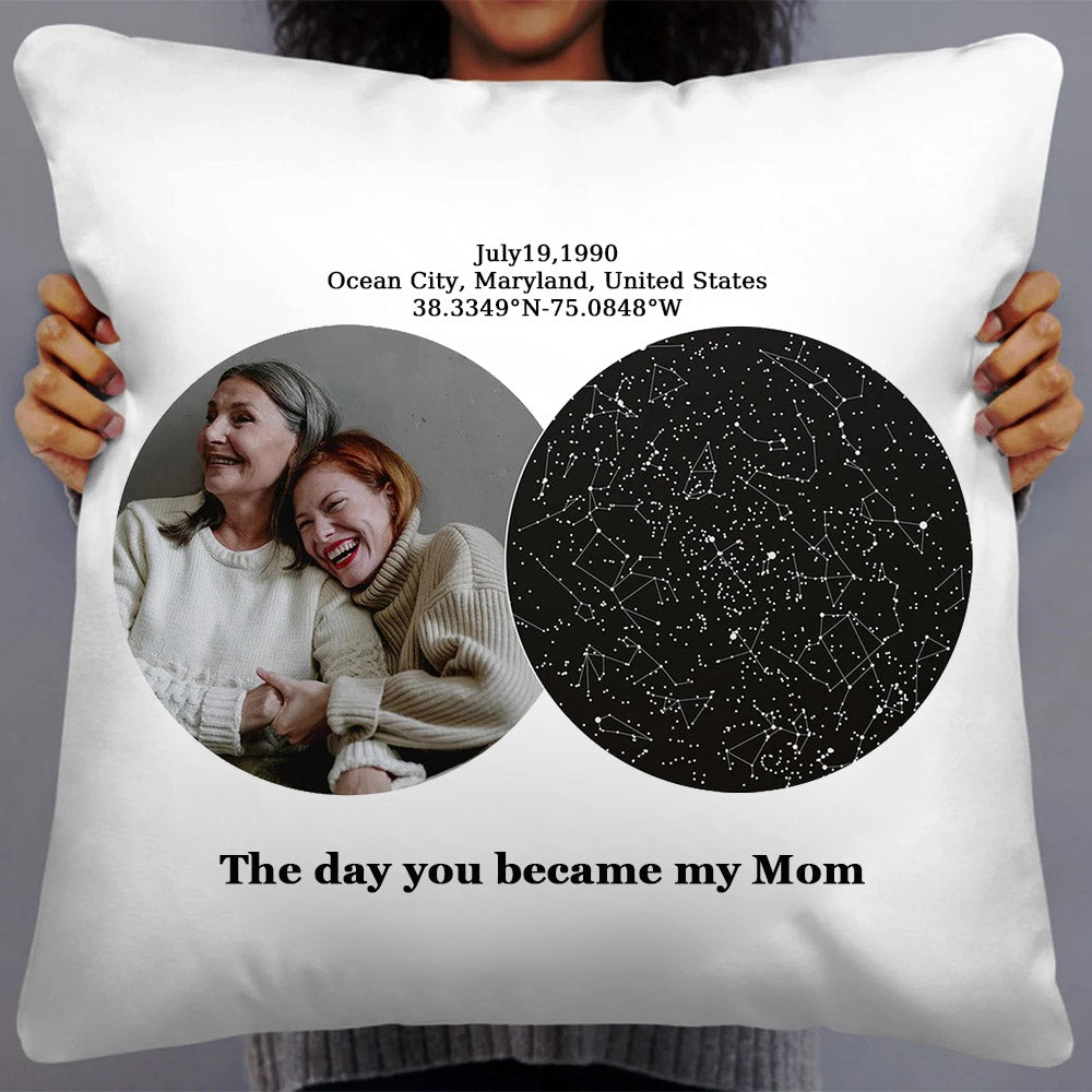 Personalized The Day You Became My Mom Star Map Throw Pillow Cover by Date and Location Mother's Day Gift