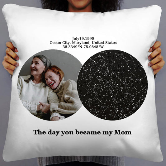 Personalized The Day You Became My Mom Star Map Throw Pillow Cover by Date and Location Mother's Day Gift