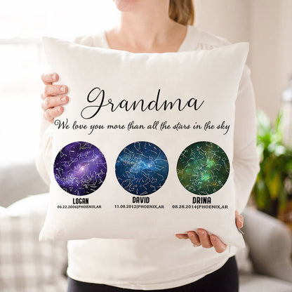 Personalized Grandma We Love You More Than All Stars in the Sky Star Map Throw Pillow Cover by Date and Location Mother's Day Gift