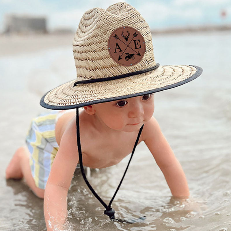 Personalized Kids Straw Hat with Name and Symbols Leather Patch Sun Hats for Baby Toddler Women Men